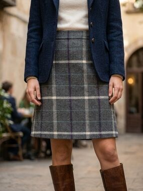 Brooks Brothers Wool Plaid Herringbone Grey Skirt Old Money Dark Academia